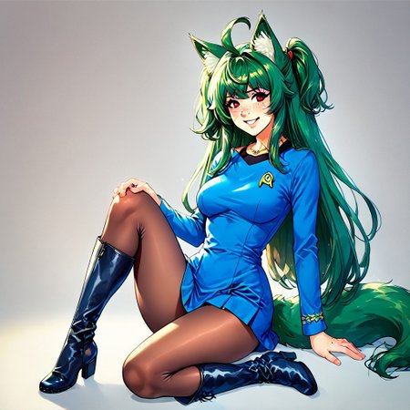 Stable_Yogis_PDXL_Positives, score_9, score_8_up, score_7_up, score_6_up, 1 girl,18 year old girl, ((freckles)),Yoko_Inukami, green hair,  very long hair, ahoge, red eyes, two side up, jewelry, necklace, fox ears , blond fox tail,super model, lips, slender body, medium breasts, tiny waist, narrow hips, perfect feet, perfect ass, skinny, (petite:1.2) , blush:0.2, (shy, aroused, submissive), smile, tanlines, thigh boots, ruanyi0325,sfublue, pantyhose, short dress, blue dress, brown pantyhose, knee boots