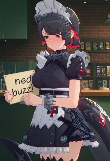 Ellen Joe (blush, tsundere), red_eyes, black_hair, short_hair, colored_inner_hair, large_breasts, fish_tail, hair_ornament, hairclip, x_hair_ornament, spiked_hairband, spiked_bracelet, spiked_collar, maid, mature female, anime screencap, cinematic lighting, soft shadows, 4k, masterpiece, best quality, ultra detailed, cafe, need_buzz, holding sign
