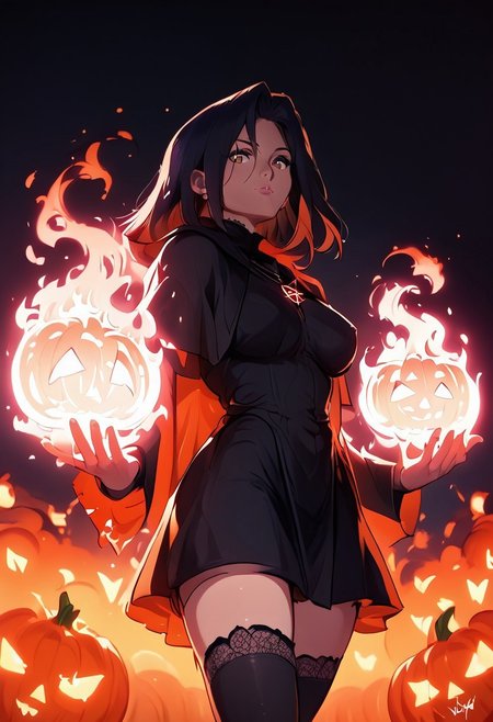 safe_pos, safe_pos, score_9, score_8_up, score_7_up, score_6, ultra detailed, side view, whr0b1n, VCuteStyle
minomi, one beautiful girl, yen_w3, mature female, femme fatal, milf, perfect hands, brown eyes, long black hair, attractive, beauty, lumina, mystical, multicolored, glowing, magic swirling, glowing magical energy, Magical pose, it would be, Pose very serious, Green, purple and blue magic, Magic green, magic purple, magic blue, auralora, Sexy and sensual legs, legs apart,
 pentagram necklace, black thighhighs, lace thighhighs, thick, curvy, reij-bewitched, modern magician interior, alchemist interior, gothic, night, neon light, dark dimmed light, looks at the viewer, (floating pumpkins:1.2), upper body, (front view:1.2), from below, reij-drkrt, dark colored shadow, neon details, low contrast, (purple color grading), <lora:reij-darked:0.5>