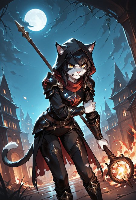 score_9, score_8_up, score_7_up, (solo), sfw BREAK 1girl, Ember (ESO), anthro, feline, black and white fur, cat tail, black hair, slim, (black armor:1.2), pants, hood, yellow eyes, (holding wizard's staff:1.2), BREAK in the fantasy city, city, everything burning around, growl, angry, standing, crying, fire around, beautiful background, night, extremely detailed, cinematic soft lighting, tranquil setting, holding arm with her hand, head leans forward, wounded, torn clothes, epic lighting, dim light, detailed background, sharp focus, extremely detailed, high detail, dynamic angle, dynamic pose