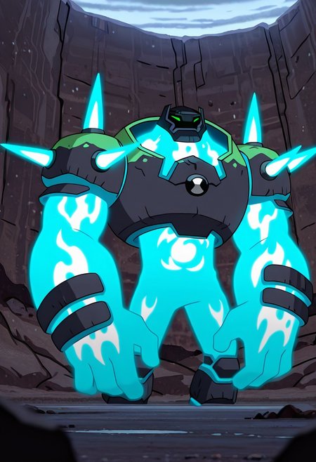 masterpiece, best quality, amazing quality, very aesthetic, absurdres, newest, , detailed background, 
 movie scene, cinematic scene, cinematic, foreground blur, depth of field, 
shckrck, glowing, shoulder spikes, green eyes, helmet, neon trim, blue fire, big arms, massive arms, blue arms, no humans, male focus,