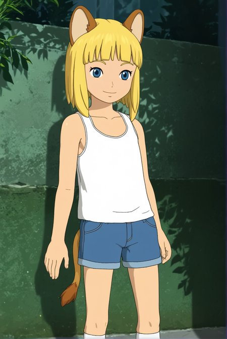 source_anime, drawyng style, solo, Evan Pettiwhisker, child male, skinny, blonde hair, cat ears, lion tail, smile, stands leaning against the wall, denim shorts, cowboy shot, white tank-top, outdoors, close view,   <lora:Evan_Pettiwhisker:0.9>
