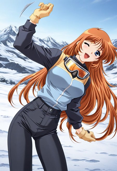 masterpiece, best quality, newest, highres, uncensored, 1girl, yokota mamoru style,1girl, slender face，motion lines, ,Kobayakawa_Mizuho, blue eyes, very long hair, orange hair, bangs, breasts,Brown Hair , Waist Length hair, Blue Eyes,1990s (style),
solo, snow, mountain,1girl, gloves, mountain, day, one eye closed, goggles, smile, sky, open mouth, outdoors,black jeans