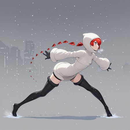 masterpiece,best quality,amazing quality,
1girl, solo,  dynamic pose, 
Sophia Persona, white hoodie, red hair, detached hair, hearts, black footwear,,  defaultsophia, ponytail, hood, hood up, thigh boots, gloves, cyberpunk city, snow,