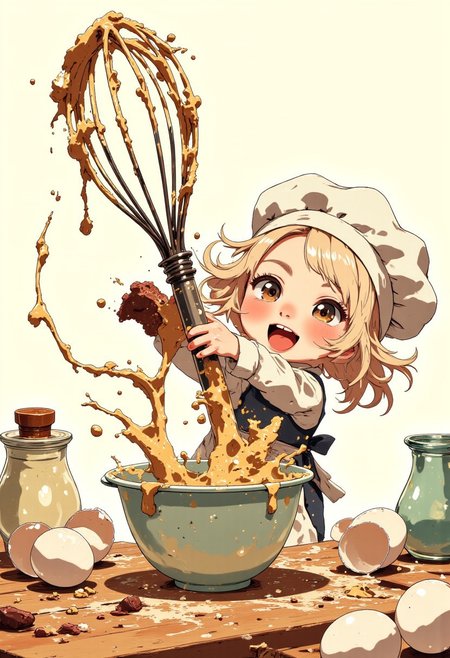 Adorable baker chibi struggling to embrace an oversized whisk that towers over them. Their round cheeks are dusted with flour, and sticky dough is tangled in their fluffy hair, creating a messy but endearing appearance. The whisk is at least twice their height, requiring them to stretch their tiny arms as far as possible just to reach around it. Despite the challenge, they're beaming with determination, standing amid a chaotic kitchen scene with eggshells and sprinkles scattered around. Their miniature chef's hat keeps tilting sideways as they wrestle with the massive whisk, trying to mix a bowl of batter that looks like a swimming pool from their perspective. Flour handprints mark their apron and face, evidence of their enthusiastic baking efforts. A smudge of chocolate decorates one cheek, and their tongue sticks out slightly in concentration as they put their whole body into stirring. Despite being dwarfed by their baking tools, their eyes sparkle with joy at creating something delicious, even if the process is hilariously difficult at their tiny scale.. j_art