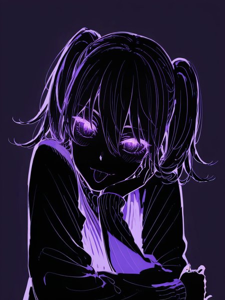 score_9, score_8_up, score_7_up, score_6_up, score_5_up,  <lora:neonXLP:1> neon, 1girl, solo, purple theme, monochrome, twintails, simple background, tongue, looking at viewer, tongue out, head rest, purple background, long sleeves, hair between eyes, sleeves past wrists, upper body
