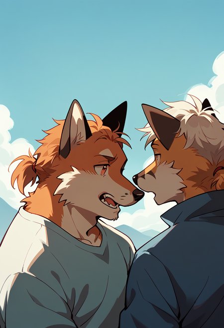 score_9, score_8_up, score_7_up, high quality, hires, by fruitz, furry, fox, 2boys, duo, ponytail, <lora:Fruitz_style:1.2>
