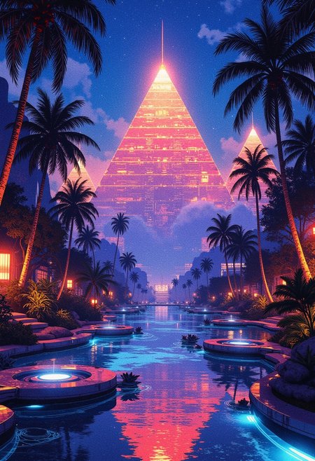 A digital anime artwork in the style of cklg, A digital painting in the style of ck-js, pyramids, neon fire in the night, built from futuristic reflective ceramics, cascading holographic patterns, in a tropical oasis