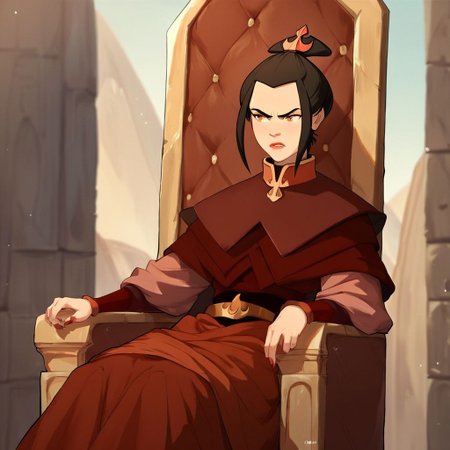 score_9, score_8_up, score_7_up, score_6_up, score_5_up, score_4_up, rating_safe, 1girl, Azula, sitting on a throne, eyebrow raised