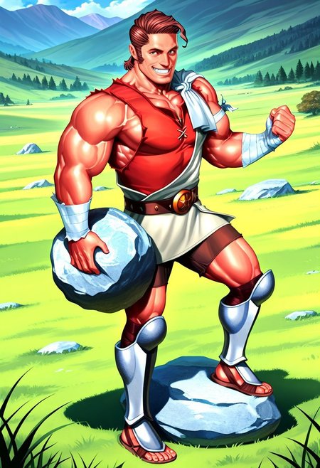 masterpiece, best quality, amazing quality, very aesthetic, absurdres, newest, gohheracilxl, 1boy, brown hair, mature male, smile, grin, male focus, belt, muscular, sandals, red underneath vest, brown shorts, white toga, single cloth armband, leg bandages, bulging muscles, greaves, belt buckle, sideburns, sunny, grasslands, holding giant boulder