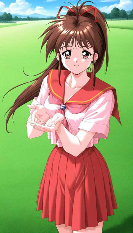 general,highres, game cg, ultra-detailed,very aesthetic,best quality ,best hands,  BREAK  <lora:Tanaka_Misa_IS:1>TanakaMisa, 1girl, brown hair,brown eyes, ponytail, long hair, breasts, hair ribbon, medium breasts,
school uniform, serafuku, red skirt, pleated skirt,  1990s (style), takei masaki style,
outdoor,  grass,