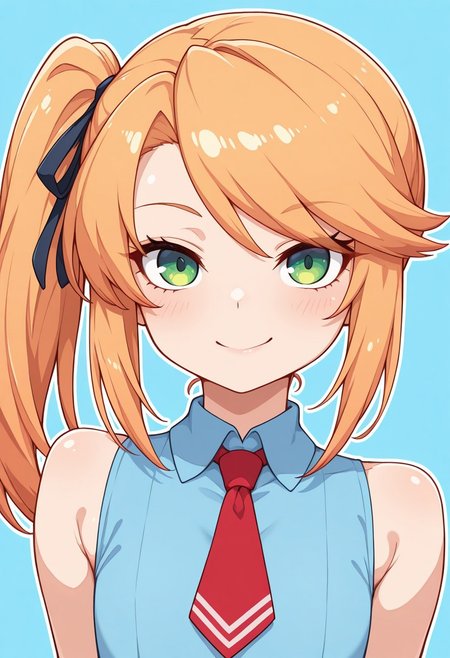 1girl,solo,cute,
katia, flat chest,slim, green eyes, light skin,long orange hair, loose hair, side ponytail, hair ribbon, swept bangs
,sleeveless dress, light blue dress, ribbon necktie, summer outfit, cute fashion
smirking, confident pose, playful expression
looking at viewer,portrait
Simple blue background,(soft focus:1.3), 
masterpiece, amazing quality, best quality, ultra-detailed, 8K, illustration, CG, shiny hair, clear skin, ultra-detailed-eyes, eyelashes, highly detailed,