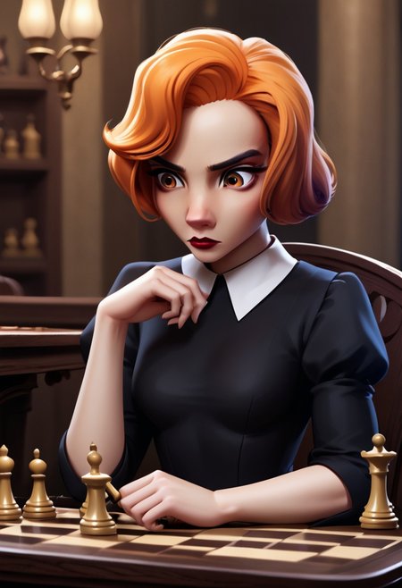 score 9, score 8, score 7, score 6, 1
girl, solo, bethh, upper body, sitting on a chair, sitting at a desk, looking a chess board on the table, focused, staring, black dress, collared dress, bethhb, orange hair, orange eyes, makeup, lipstick, lips, hands on table, looking down, holding a chess piece in her hand
tavern background, 
small breasts, zPDXL, from the side,