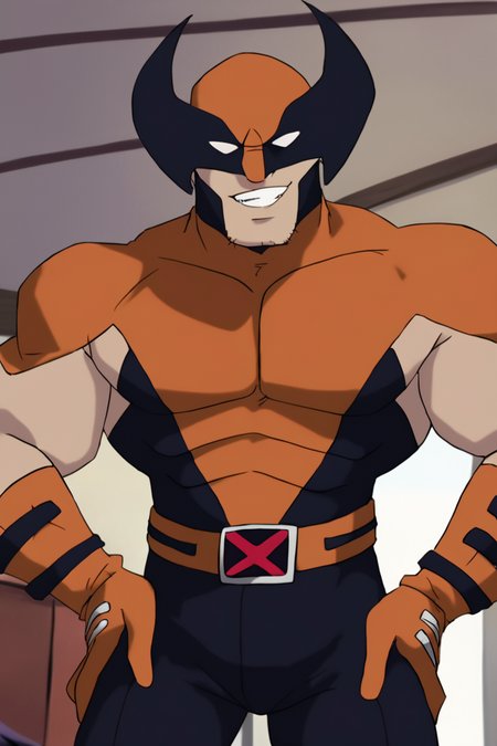 score_9, score_8_up, score_7_up, wolvevo, 1boy, solo, male focus, mature male, facial hair, stubble, bodysuit, orange bodysuit, black bodysuit, two-tone bodysuit, short sleeves, orange gloves, mask, covered eyes, white eyes, no pupils, belt, muscular, smile, grin, hands on own hip, looking at viewer, standing, portrait, upper body, indoors, living room <lora:Wolverine (Logan) X-Men Evolution (First Suit+Logan) v1.1 [LoRA] - Pony V6 XL:0.85>