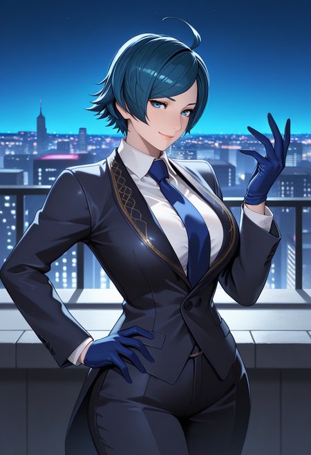 masterpiece, best quality, newest, absurdres, highres,  <lora:ElisabethBKOFIllustrious:1>,  LIBLXV,  blue eyes, blue hair, short hair,  ahoge, seductive smile, hand on own hip, suit jacket, white shirt, collared shirt, suit pants, large breasts, looking at viewer, rooftop, cityscape, night, adjusting own gloves, blue gloves, 1girl, solo,