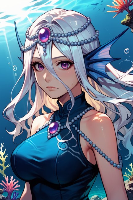 score_9, score_8_up, score_7_up, score_6_up, source anime, BREAK,<lora:Emelone:0.70> , emdef, 1girl, purple eyes, long hair, hair between eyes, white hair, head fins, blue top, jewelry, beads, pearl (gemstone), (portrait) looking at viewer, expressionless, closed mouth, serene, large breasts, (mature woman), <lora:zy_Detailed_Backgrounds_v1:0.4> , detailed background, highly detailed, <lora:Fant5yP0ny:0.7>,  exterior, underwater village, village, (palace), coral reef, ocean,<lora:Underwater:0.4> , Underwat3r, Underwater, submerged, ocean, bubbles, sunlight, god rays, perfect hands,