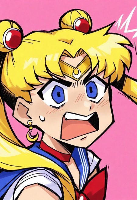masterpiece, best quality, newest, absurdres, highres, fisheye view.
sailor moon, blonde hair, blue eyes, open mouth, aggressive, surprised, angry. 
pink background