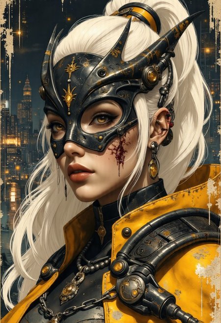 impressionist classical-style painting of a highly detailed, closeup portrait, face focus, stylized artwork featuring a androgynous figure with a striking, futuristic aesthetic.  It depicts a female rogue against a backdrop of a futuristic, post apocalyptic city. The rogue has some skin burns and is dressed in a striking, futuristic outfit of mustard yellow and black, with high tech accessories, including a helmet adorned with a stylized, angular visor that covers her hazel eyes and a flowing cape. She has long, flowing white hair tied back, and her skin appears to be pale.
 (((ultra-realistic style))), realistic lighting, dark, eye-catching, atmospheric lighting, natural, shallow depth of field, (highlights: 0.8), high detail (dynamic, cinematic shot, film grain, bokeh, depth of field)