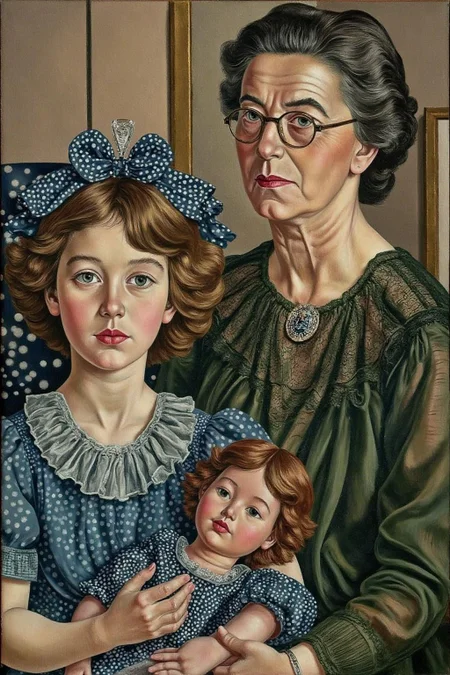 sspencer1 painting.
Painting of a woman, a young girl, and two dolls. The woman, positioned in the upper right, is an older woman with a stern expression, dressed in a dark green dress with a high neckline and a patterned bodice. She has a stern face and is wearing round glasses. Her hair is dark and styled in a neat, simple manner. She is holding a large doll. On the left is a young girl wearing a blue dress with white polka-dots, craddling a small doll. <lora:sspencer1_cap_d6a3:1.0><lora:832105791684283526:0>