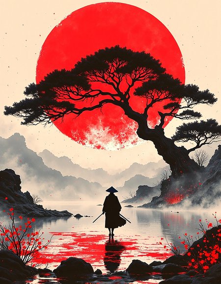 Silhouette of a samurai, serene and resolute, positioned amidst a vibrant, stylized landscape.  Large, crimson sun dominates the upper portion, contrasted with ink-wash washes of black and gray, evoking a traditional Japanese ink painting style.  The samurai is depicted in a  traditional Japanese warrior garb, with a simple black hat. He holds a pair of swords, and walks in a determined, steady manner across a stylized watery surface marked with splattered crimson and black.  A large stylized tree with red blossoms dominates the mid-ground, its branches extending towards the crimson sun. The overall composition utilizes negative spaces effectively, creating a sense of vastness and tranquility.  The color palette consists of intense crimson, deep black, gray, and hints of white.  The painterly texture is prominent, with loose brush strokes that give a sense of movement.  The overall atmosphere is quiet, profound, and steeped in a sense of Japanese cultural aesthetic.  Splatter and stain art style, Japanese ink painting, <lora:Dever_Flux_Enhancer:0.5>, <lora:flux.1_lora_flyway_Epic-detail_v2:0.4>, <lora:FantasyWizardWitchesFluxV2-000001:0.8>, HKMagic
