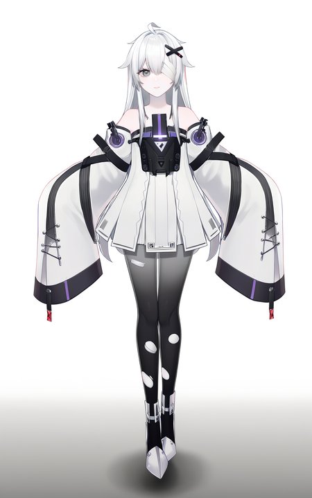 8k, best quality, masterpiece, (ultra-detailed), (high detailed skin), (by nanoless, by misumi \(macaroni\),:0.5), 
A full-body portrait of a young girl, standing gracefully, pastel art style, high-key lighting, shoujo manga influence, hd quality, delicate details, 
full body, full shot, standing, looking at viewer, (solo:1.2), simple background, white background, 
<lora:21XXI-a3-Tanger:0.8>, 21XXI, 1st clothes, x hair ornament, 1girl, long hair, white hair, torn clothes, pantyhose, torn pantyhose, grey eyes, sleeves past wrists, bandage over one eye,