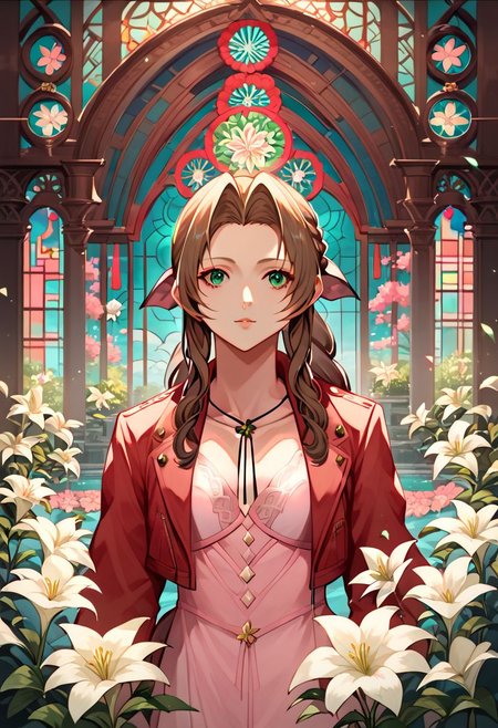 (score_10, score_9_up, score_8_up, score_7_up,) 1girl, aerith gainsborough, brown hair, braid, long hair, green eyes, hair ribbon, pink dress, red jacket, cropped jacket, best quality, high quality, masterpiece, highres, cathedral interior, flower, white lilies, stained glass, extremely detailed CG, extremely detailed 8K wallpaper, extremely detailed character, solo, sharp focus, dramatic angle, cinematic lighting, extremely delicate and beautiful, absurdres, incredibly_absurdres, bloom, glow, bokeh, jewelry, ornaments, Painstaking Attention To Details,
