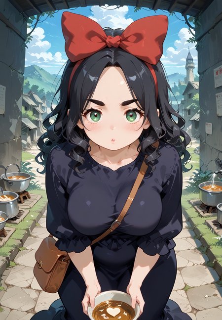 IllusP0s, PonyScores7, source_anime, ah1, IllustriousQual, interesting, exciting, spectacular, wonderful, 
BREAK <lora:xl_more_art-full_v1:0.2>, <lora:aesthetic_anime_v1s:0.2>, <lora:EpicF4nta5yXL:0.2>, <lora:detailxl:0.2>, detailxl, <lora:Fant5yP0ny:0.2>, amazing quality, best aesthetic, absurdres, illustration, Volumetric_Lighting, ultra-detailed, very aesthetic, intricate details, best_quality, <lora:Anime_Aesthetic_Wallpaper_StyleIllustriousXL:0.4>, aniwall,
BREAK ((sipping a caramel latte)),
BREAK Stable_Yogis_PDXL_Positives, AS-Adult, <lora:Complicated fantasy portrait - XL Pony V2.0:0.2>, bad-hands-5, <lora:HDA_Detailer:0.3>, <lora:natsumi_style:0.5>, <lora:by_usakun-pony:0.4>, by usakun, <lora:Akina_Bbw_Style_-_PonyXL:0.2>, AkinBw, ((food photography, mouthwatering dishes, vibrant colors, appetizing presentations, enticing compositions, delicious details, showcasing textures, capturing freshness, professional lighting, expert styling, culinary storytelling, enhancing food appeal)),
BREAK 1girl, mature female, (curvy), round-chin, caucasian, <lora:ETO_OC_Illustrius:0.5>, eto_oc, skindentation, (plump), thick thighs, wide hips, busty, voluptuous, <lora:venus body PonyXL:0.3>, <lora:shinyskin2:0.2>, glistening skin, HDA_FatGirlXL, round ass, large breasts,
BREAK ((<lora:witch-kiki-cosplay-ponyxl-lora-nochekaiser:0.8>, witch kiki cosplay, kiki (majo no takkyuubin) (cosplay), bag, black dress, bow, bow hairband, cosplay dress, hairband, long dress, red bow, red hairband, shoulder bag, sleeves past elbows)),
BREAK (curly hair), long hair, (black hair:1.4), (parted hair:1.7), messy hair, kinky curls, <lora:hairdetailpxl:0.2>, hairdetailpxl,
BREAK (half green and brown eyes), (colorful eyes), (multicolored eyes), (downturned eyes:1.4), <lora:expressive eyes:0.2>, expressive eyes, <lora:eyedetailpxl:0.2>, eyedetailpxl, <lora:Eyes_High_Definition:0.2>, EyesHD, (round face:1.2), (thick eyebrows:1.3), (plump face), <lora:Round_face:0.2>, lips, 
BREAK ((fearfully angry expression)), <lora:Expressive_H:0.2>, Expressiveh, <lora:Emotional_Anime_Expressions_PonyXL_Concept:0.2>, emotional, <lora:Best_Facial_Expression_LoRA_PONY:0.2>, looking at viewer, <lora:Detailed expressive EXEV style -XL Pony V1.0:0.2>, FaceDetail, <lora:Best_Facial_Expression_Helper_XTREME_ILLU:0.4>, kaogei,
BREAK (((endless, desolate landscapes of scorched earth and crumbling ruins))), <lora:Background Detailer - SDXL:0.8>, 4k, 8k, Ultra HD, Masterpiece, Best quality, Detailed background, <lora:Add_more_details_V2_XLpony:0.4>, full_details, <lora:background-type1:0.4>,