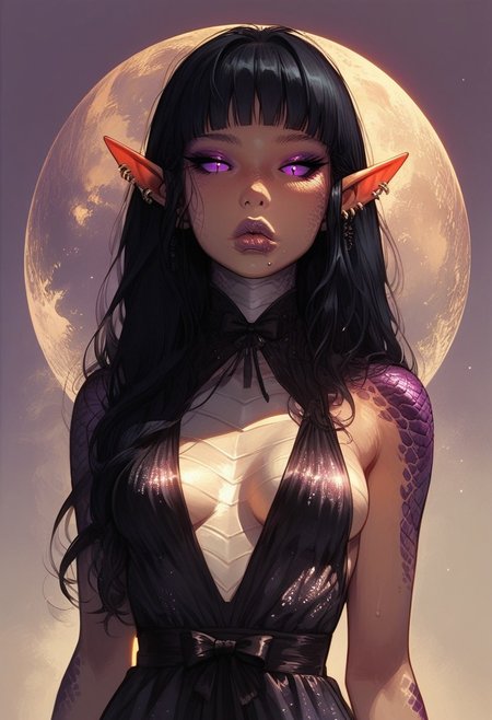score_9, score_8_up, score_7_up, high detailed, high quality, masterpiece, no text, quality highlights, 8k detail, detailed background, source_anime, dynamic view, hentai, ultra-detailed, 
...
1girl, (((solo))), pale elf, female focus, expressiveh, (young), (cold skin),
(black hair), purple sclera, ((irises like moons, silver iris)), (long hair), elegantly pinned hair,
((round hips)), (small breasts), lips,
(incredibly sexy), sexy pose, pose, ((scales, dragon scales)), ((piercing in lips))
...
closed mouth,
((An elegant gown, a dress of belts, a dress of ribbons, black collar,  center opening, side slit, high-waist sideboob)),
cowboy shot, looking at viewer, raised hand, green flame in hand, gold makeup, purple lips,
sitting, posing, close-up, 
...
(((white simple background)))