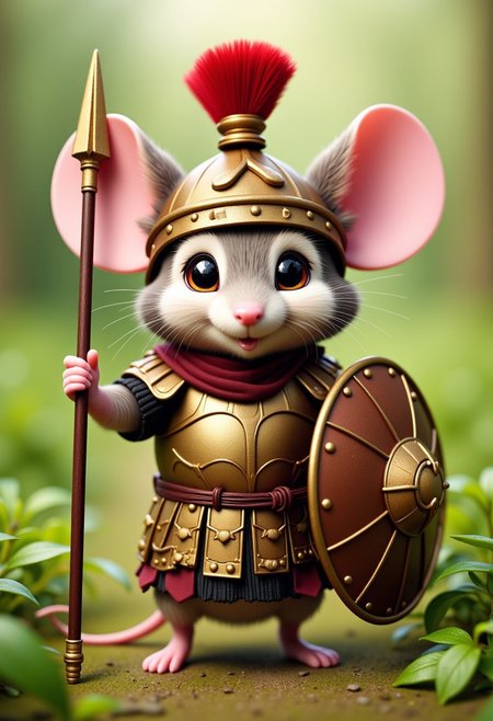 The Mouse Legionary is a tiny, brave rodent clad in its own miniature Roman legionary armor, complete with a bronze chestplate and a small, red-plumed helmet that looks far too big for its little head. The mouse holds a tiny spear, which it drags a little as it walks, and a small, round shield that’s almost the size of its entire body. Its beady eyes gleam with determination, and its whiskers twitch as it stands ready for 'battle.' The Mouse Legionary scurries through the tall grass, its armor making soft clinking sounds as it ‘charges’ at its imaginary enemies, looking both fierce and utterly adorable as it raises its tiny spear in triumph.