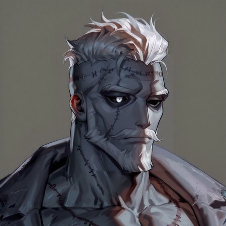 <lora:percy__Identity_V-000006:1>  percy (Identity V), black sclera, White Eyes, White hair, white beard, Gray skin, stitched face,
(very short hair, beard, bara, mature, facial hair, stubble, beard, full beard, sideburn, beard, a lot of beard, ), facial hair,male focus, muscular male, muscular male, bara, mature,  bara, mature, aixiwuganda_(20222192), very awa, masterpiece, best quality, absurdres, newest, perfect quality, detailed background, intricate details,
<lora:slider_Body Type_alpha1.0_rank4_noxattn_last:3><lora:style_Anime Summer Days 2 Style SDXL_LoRA_Pony Diffusion V6 XL:.6><lora:slider_cfg_scale_boost:.7><lora:Artist6p:.55>, Artist6p, Artist04p,<lora:slider_il_brightness_slider_d1:-1><lora:slider_il_contrast_slider_d1:-1><lora:slider_DarkSlider1.2_alpha1.0_rank16_full_300steps:-.6>