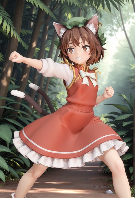 STYLE(comfy++,none) masterpiece, best quality, absurdres, 3d, 1girl, chen, touhou, cat ears, cat tail, two tails, multiple tails, animal ear piercing, brown eyes, brown hair, short hair, mob cap, nekomata,  grin, looking afar, facing viewer, clenched hands, hand up, outstretched arm,  dynamic pose, legs apart, portrait,  day, nature, jungle<lora:Tech/spo_sdxl_10ep_4k-data_lora_webui.safetensors:1.0:1.0> <lora:Style/3dblendV2.safetensors:1.0:1.0>