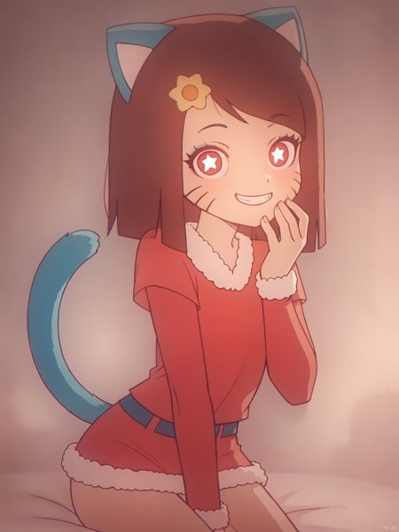 score_9, score_8_up, score_7_up, score_anime, rating_explicit, uncensored, BREAK, <lora:Gumball-Girl_PDXLv1:0.7> gumball-girl, brown hair, whisker markings, star-shaped pupils, cat ears, cat tail, solo, christmas costume,  <lora:seductive-smile-ponyxl-lora-nochekaiser:1> seductive smile, come hither, naughty face,