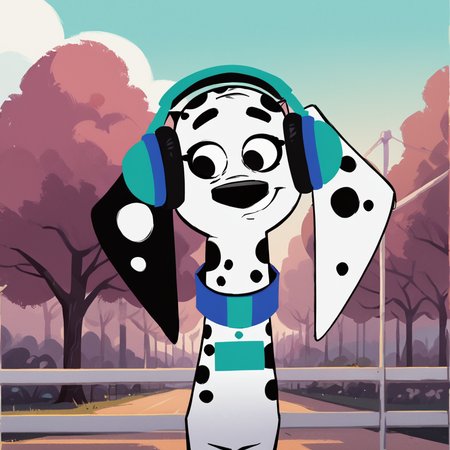 score_9, score_8_up, score_7_up, score_6_up, score_5_up, score_4_up, <lora:DelilahDalmatian:0.9>, delilahdalmatian, 1girl, solo, upper body, black eyes, headphones, furry, dog, animal, black and white fur, collar, spots, dalmatian, dog ears, body fur, smile, outside, trees,  wearing headphones