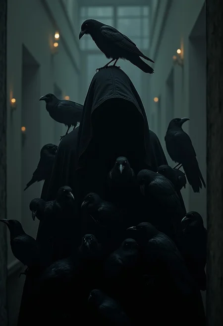 realistic quality photo, retro photo, person in black mantle surrounded by crows, crow on the shoulder, crow on top of the hood, old mansion background, in the dark corner behind many glowing eyes, creepy atmosphere,