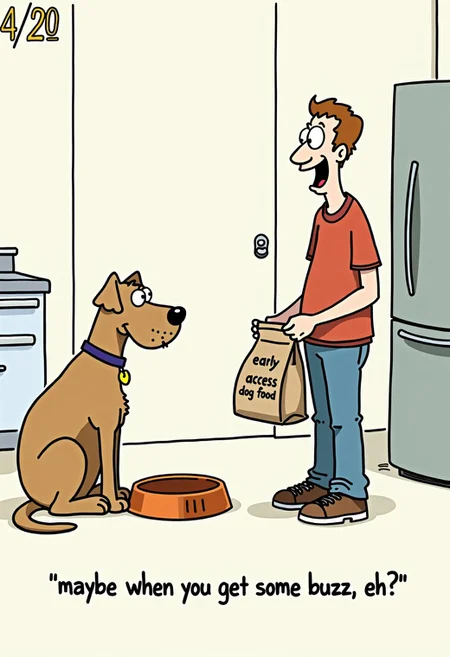 Marmaduke cartoon featuring a large dog sitting next to an empty dog food bowl in the kitchen. The dog is looking sadly and longingly at a bag of dog food being held by a man on  that is labeled "early access dog food". The person is visibly laughing. There is text at the bottom of the screen that says in quotes “maybe when you get some buzz, eh?”  . The date “4/20” and the signature “FART” are also present in one corner of the comic strip panel