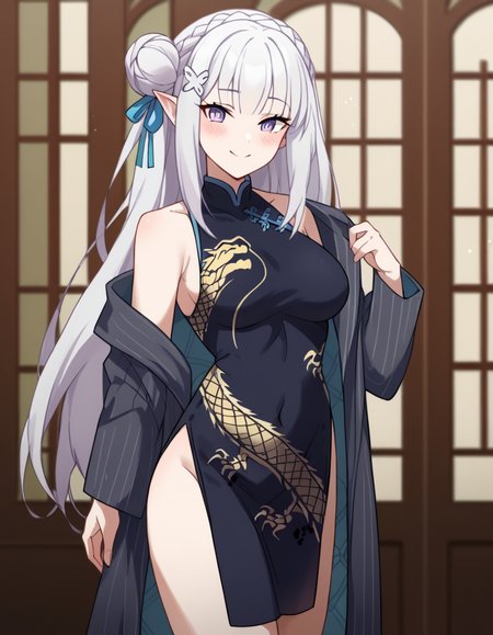 score_9, score_8_up, score_7_up, source_anime, <lora:rezero-emilia-s1s2-ponyxl-lora-nochekaiser:1>, emilia, braid, crown braid, flower, hair flower, hair ornament, hair ribbon, long hair, pointy ears, purple eyes, white hair, x hair ornament, medium breasts,, <lora:blue-archive-kisaki-cosplay-ponyxl-lora-nochekaiser:1>, blue archive kisaki cosplay, kisaki (blue archive) (cosplay), dragon print, china dress, print dress, chinese clothes, pinstripe jacket, sleeveless turtleneck dress, cosplay, vertical-striped jacket, pinstripe pattern, pelvic curtain, striped coat, grey coat, black dress, sleeveless dress,, indoors, from side, blush, smile,, cowboy shot, looking at viewer