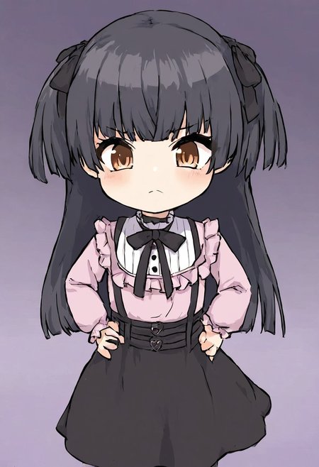 score_4,score_5,score_6,score_7_up,score_8_up,score_9 ((masterpiece,best quality,ultra detailed,highres,HD,4k:1.2)), 
1 girl,solo,face focus,
chibi,full body,deformed,| |,
fuyuko mayuzumi, black hair, brown eyes, long hair, two side up,
black bow, black bowtie, black ribbon, black skirt, bow, bowtie, frilled shirt, frills, jirai kei, long sleeves, neck ribbon, pink shirt, ribbon, shirt, skirt, white shirt,
hands on hip,
looking at viewer,from front,front view,front angle,
frown,blush,closed mouth,
