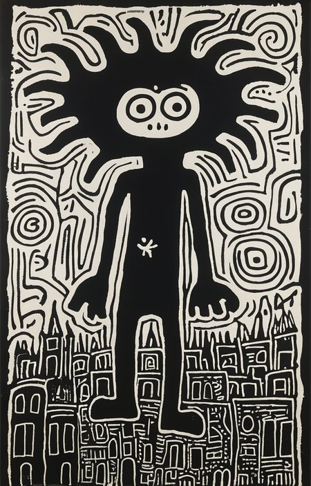 masterpiece,best quality,<lora:tbh164-sdxl:0.9>,illustration,style of Keith Haring, Nazgul over sleeping town