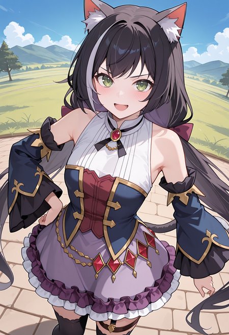 highres, best quality, masterpiece, outdoors, blue sky, fisheye,
1girl, solo, pcrcal, black hair, streaked hair, cat ears, animal ear fluff, cat tail, green eyes,
caldef, low twintails, hair bow, necklace, blue bodice, gold trim, sleeveless, white shirt, red shirt, blue sleeves, black sleeves, detached sleeves, neck ribbon, wide sleeves, jewelry, belly chain, red gemstone, light purple skirt, purple skirt, frilled skirt, layered skirt, black frills, white frills, garter strap, thigh strap, black thighhighs,
blush, smile, open mouth, serious, looking at viewer, 
from above, standing, hand on own hip, 
<lora:_kyaru_pcr-elesico-ilxlC:1>