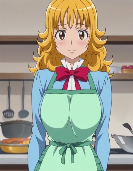 score_9, score_8_up, score_7_up, anime screencap, solo,1girl,higashiyamaseika,  school uniform, blue shirt, skirt, shirt, bow, cowboy shot,large breasts,looking st viewer,smile,blush,cooking ,apron<lora:higashiyamaseika:0.8>,