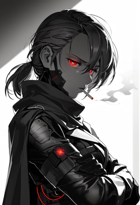 embedding:lazypos, solo, 1guy, snake (metal gear), red glowing eyes, eye lines, empty eyes, half-closed eyes, annoyed, smoking cigarette, blowing smoke, close-up portrait, hair between eyes long sleeves, dress, scarf, cape, spot color, shaded face, black and white, from side, dynamic angle, looking at viewer, crossed arms <lora:TrendCraft_The_Peoples_Style_Detailer-v1.0A-3_13_2025-NoobVPRED:0.1>