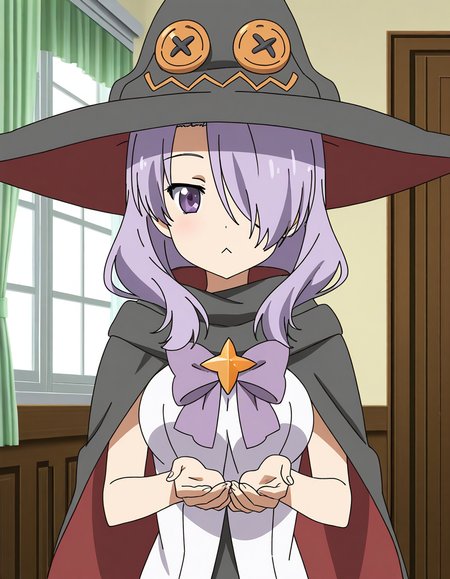 general,highres, ultra-detailed,very aesthetic,best quality ,best hands,  BREAK <lora:Nanako_Houkago_no_Pleiades_IS:1>Nanako(Pleiades), 1girl, purple hair, hair over one eye, purple eyes, long hair, breasts, anime coloring, Nanako(Pleiades), hat, witch hat, solo, :<, witch hat, looking at viewer, closed mouth, upper body, purple bow, black hat, jagged red line,
room, window, curtain.