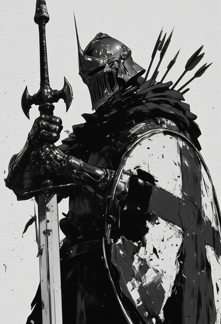 A medieval crusader dressed in armor, holding a large sword with one hands. He wears a helmet with a visor, and his body is covered in a tattered cape. The knight also carries a large shield with a bold cross on it, pierced by several arrows. The overall style is black and white, with a dramatic and intense atmosphere, GHIBSKY style painting