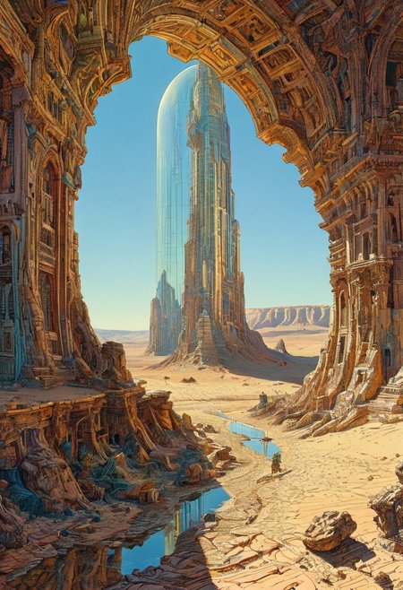 appears trapped in an optical illusion of reflections and refractions. Illustration by moebius, a tower in a desert, intricate details, natural lighting, volumetric lighting maximalist. intricately detailed, complex, elegant, expansive, fantastical, film photography style,  medium grain, FRESHIDESH Moebius comic book