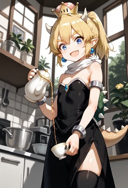 score_9, score_8_up, score_7_up,
source_anime,BLE,
BREAK 
1girl,blonde hair, bangs, fang,   horns, pointy ears,ponytail,hair between eyes, thick eyebrows, flat chest, super crown,earrings, armlet, jewelry, bracelet, tail,spikes, spiked shell, turtle shell, black nails, fingernails, nail polish, dress, black dress, white scarf, thighhighs, blue eyes, 
chibi,
smile,
wide eyes,
open mouth,
BREAK
pouring, (holding cup, holding teapot),
shiny skin, shiny, oily skin, oily face,shiny face,
kitchen,window,sunlight,house plant,flower,
from side,from below,
looking at viewer,