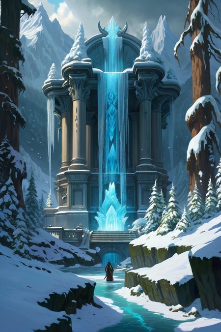 snow-covered winter forest with frozen waterfalls ,cursed seas where kraken priestesses summon maelstroms, the waters concealing drowned god temples, ocean,  dusk,weather raining in the rain cinematic view, epic sky, detailed, concept art, high angle, high detail, warm lighting, volumetric, godrays, vivid, beautiful, trending on artstation, by Satoshi Kon, huge scene, grass,flower, art greg rutkowski,
