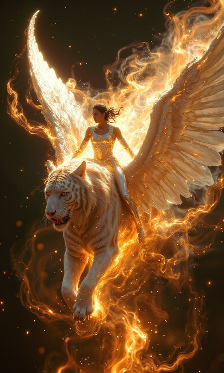 Stills from the fantasy film show a sexy woman in a tight white combat suit riding on the back of a white tiger with huge wings, flying in the air, followed by dynamic and dreamy flames, and the whole picture exudes the surreal and dreamlike quality typical of fantasy films.<lora:flux1-D\flux.1_lora_flyway_Epic-detail_v2:1.0> <lora:flux1-D\Aura_Flux-000010.safetensors:0.8:0.8>