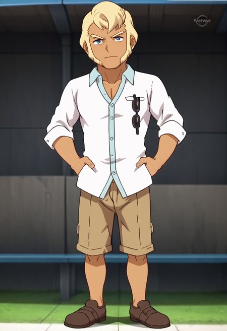 safe_pos, score_9, score_8_up, rating_nsfw, ultra hd, absurdres, best quality, masterpiece, detailed linework, masculine, manly, solo, 1male, male focus, best anatomy, best eyes, best hands, open eyes, clear eyes, anime screencap, anime screenshot, nsfw, BREAK

full body view, full body angle, looking at viewer, BREAK

InaGOOcean, blonde hair, button-up shirt, eyewear hang, white shirt, sunglasses in shirt pocket, sideburns, khaki shorts