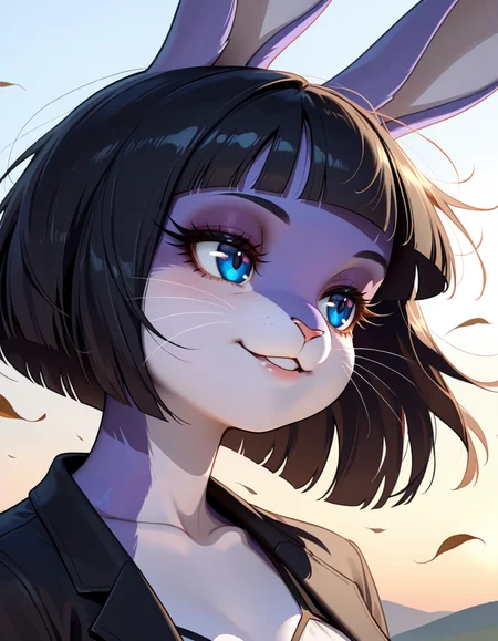 masterpiece, best quality, very aesthetic, absurdres,
outdoors,  
upper body, headshot, from side, wind, windy, looking at another, 
seductive smile, parted lips, long eyelashes,
 <lora:Marlenne_v02_NAIXL:1>
m4rl3nn3,1girl,solo,furry,furry female,rabbit girl,black hair,short hair,blunt bangs,rabbit ears,blue eyes,animal nose,whiskers,body fur,purple fur