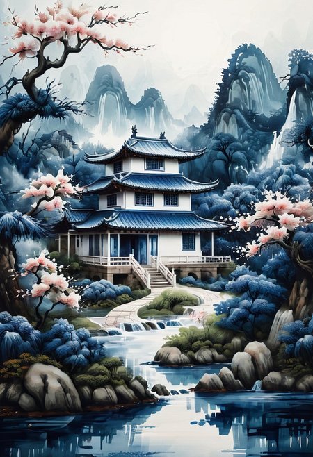 An asian House and Sakura garden made of blue and white porcelain, asian landscape in the background, SimpleNegativeV3,zavy-chnsdrgn, masterpiece, award winning, very detailed, porcellana style